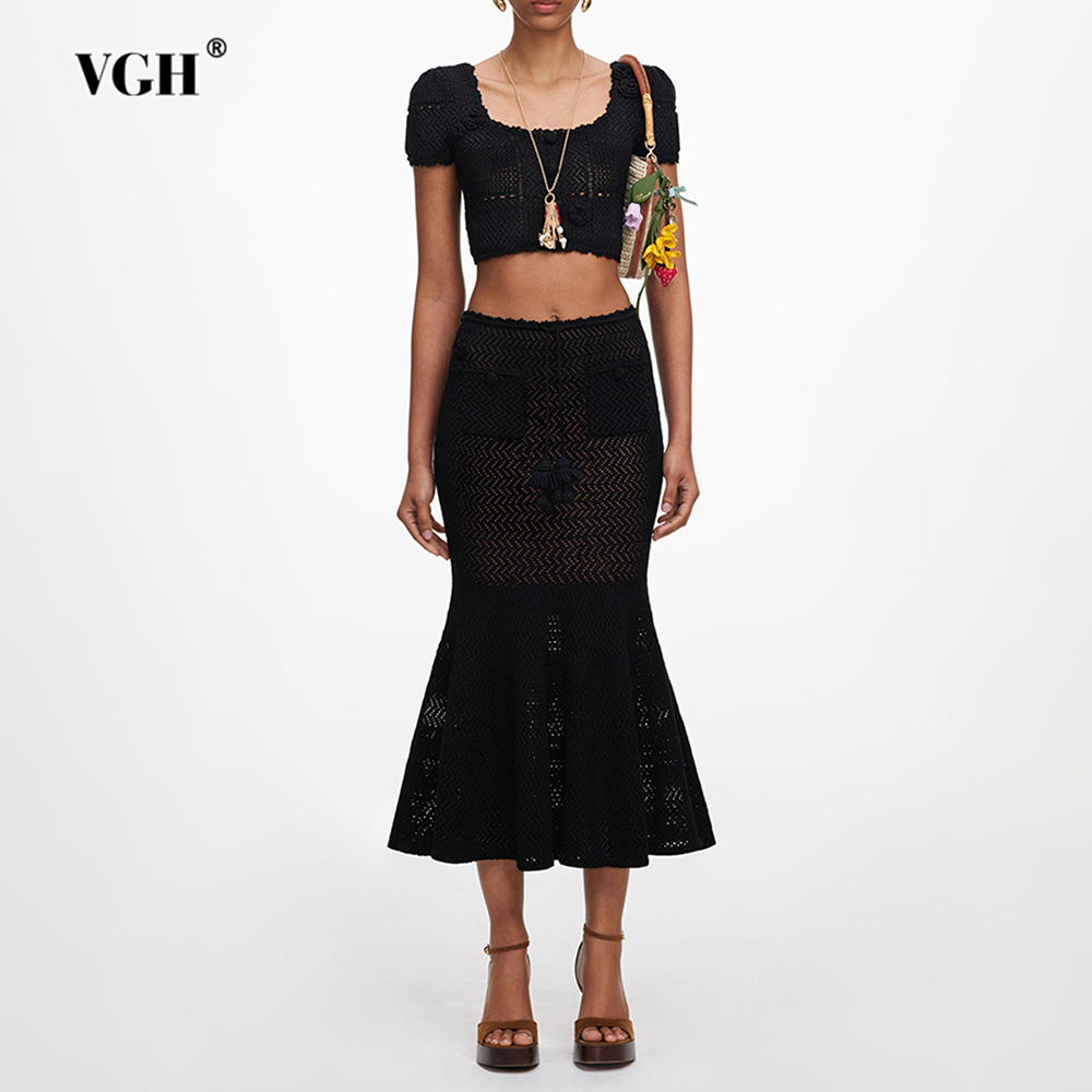 Crop Top Crochet - VGH Czarny Zestaw Damski z Kwiatowym