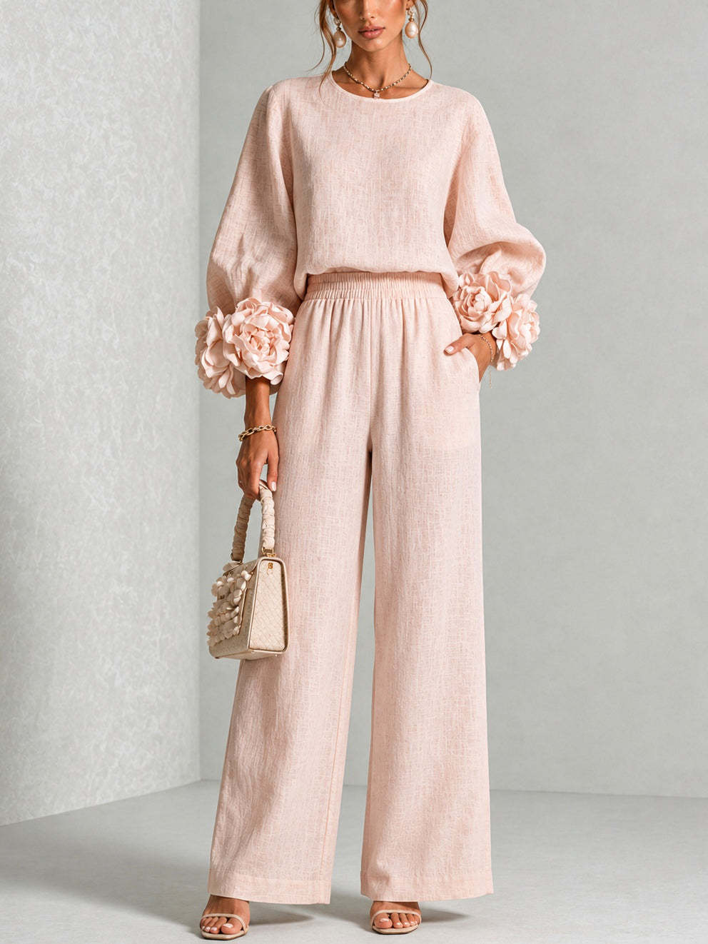 Linen Pant Wide - Damski dwuczęściowy zestaw z lnu: bluzka