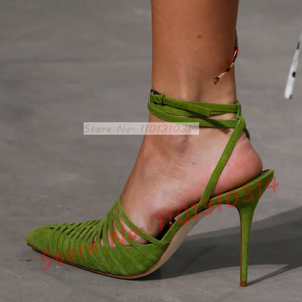 Sandal Strappy Heeled - Zielone wegańskie zamszowe sandały z paskiem